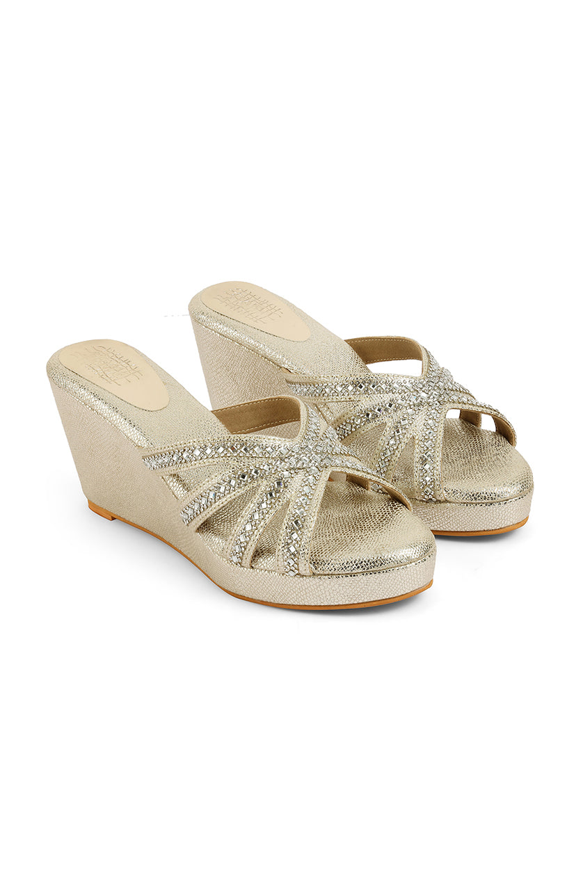 Crystal Slip on High Wedges Light Gold