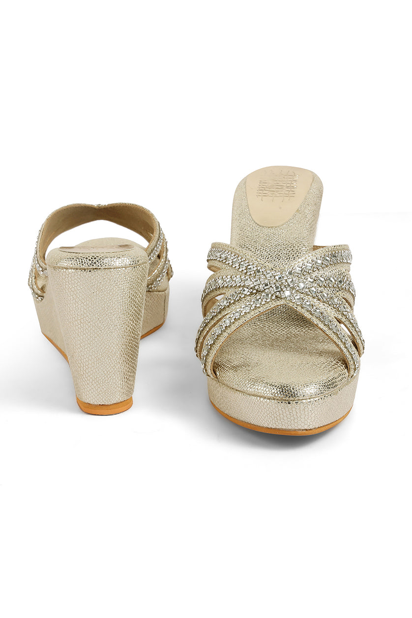 Crystal Slip on High Wedges Light Gold
