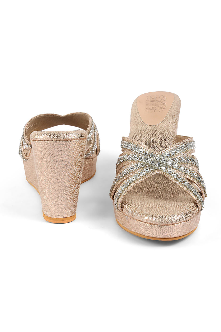 Crystal Slip on High Wedges Rose Gold