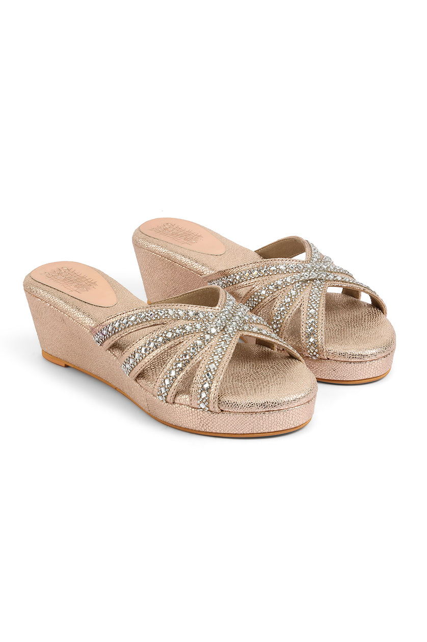 Crystal Slip on Low Wedges Light Gold